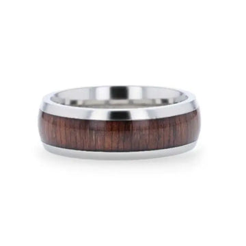 CARY Black Walnut Wood Inlaid Titanium Domed Polished Finish Men's Wedding Ring With Beveled Edges - 8mm - Larson Jewelers