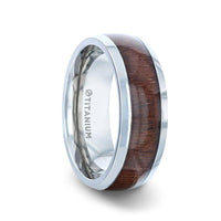 CARY Black Walnut Wood Inlaid Titanium Domed Polished Finish Men's Wedding Ring With Beveled Edges - 8mm - Larson Jewelers