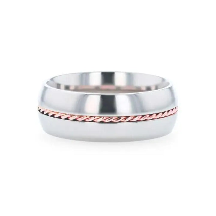 CONDUCTOR Titanium Domed Polished Wedding Ring With 14k Rose Gold Braided Inlay - 8mm - Larson Jewelers