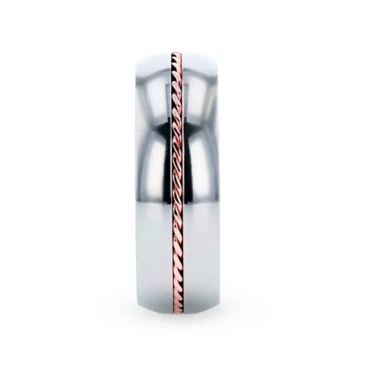 CONDUCTOR Titanium Domed Polished Wedding Ring With 14k Rose Gold Braided Inlay - 8mm - Larson Jewelers
