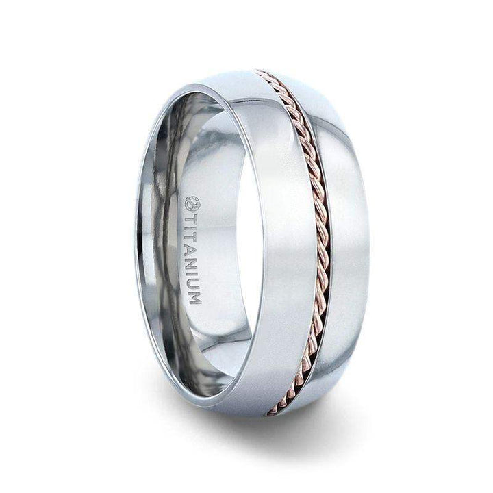 CONDUCTOR Titanium Domed Polished Wedding Ring With 14k Rose Gold Braided Inlay - 8mm - Larson Jewelers