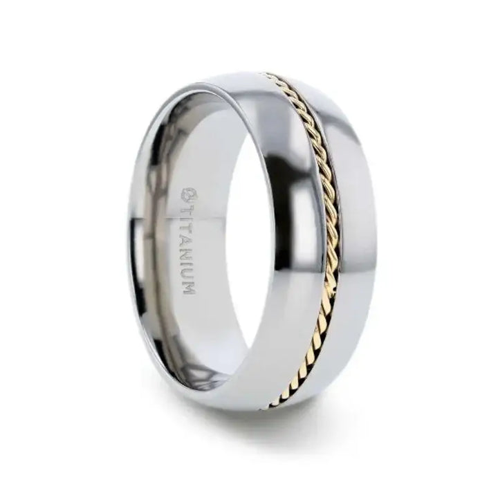 CHRISTIAN Titanium Domed Polished Men 's Wedding Ring With 14k Yellow Gold Braided Inlay - 8mm - Larson Jewelers