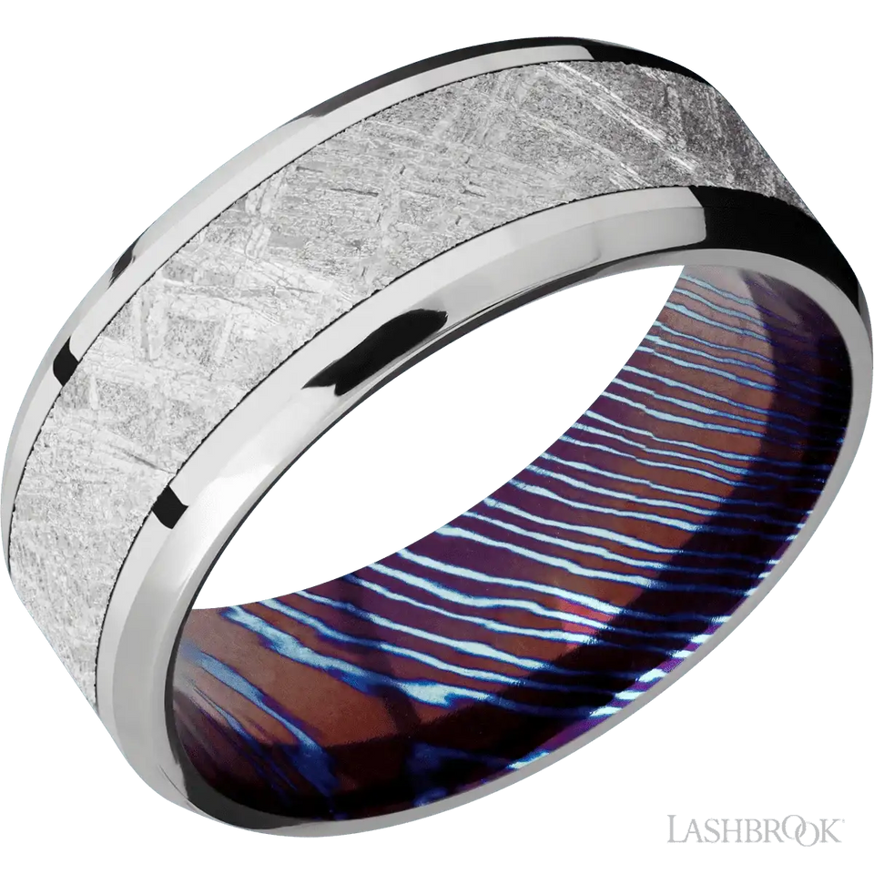 Cobalt Chrome with Polish, Polish Finish and Meteorite Inlay and Titanium Damascus - 8MM - Larson Jewelers