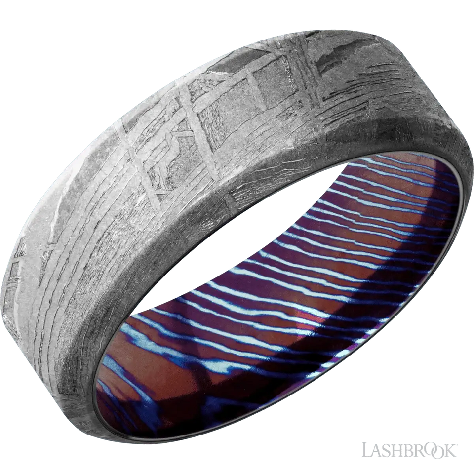 Meteorite with None Finish and Titanium Damascus - 8MM - Larson Jewelers
