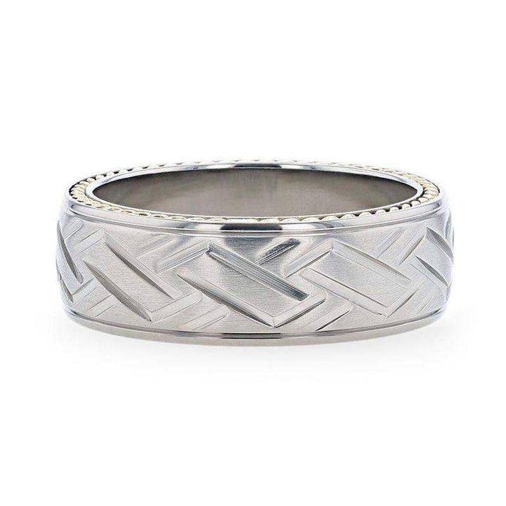 SATURN Woven Pattern Domed Titanium Men's Wedding Ring With Yellow Gold Braided Edges - 8mm - Larson Jewelers
