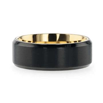 VELVET Flat Brushed Black Titanium Men's Wedding Ring With Yellow Gold Plating Interior And Beveled Polished Edges - 8mm - Larson Jewelers