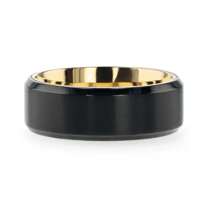 VELVET Flat Brushed Black Titanium Men's Wedding Ring With Yellow Gold Plating Interior And Beveled Polished Edges - 8mm - Larson Jewelers