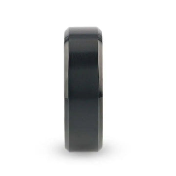 VELVET Flat Brushed Black Titanium Men's Wedding Ring With Yellow Gold Plating Interior And Beveled Polished Edges - 8mm - Larson Jewelers