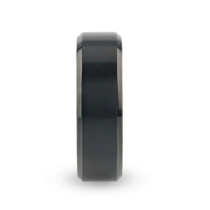 VELVET Flat Brushed Black Titanium Men's Wedding Ring With Yellow Gold Plating Interior And Beveled Polished Edges - 8mm - Larson Jewelers