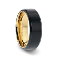 VELVET Flat Brushed Black Titanium Men's Wedding Ring With Yellow Gold Plating Interior And Beveled Polished Edges - 8mm - Larson Jewelers