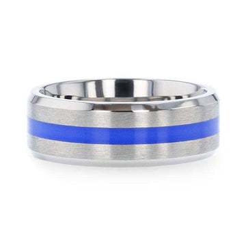 BARRY Blue Stripe Inlaid Titanium Flat Brushed Men's Wedding Ring With Beveled Polished Edges - 8mm - Larson Jewelers