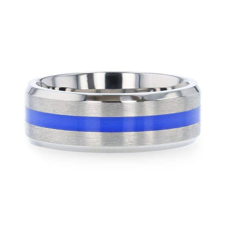 BARRY Blue Stripe Inlaid Titanium Flat Brushed Men's Wedding Ring With Beveled Polished Edges - 8mm - Larson Jewelers