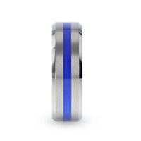 BARRY Blue Stripe Inlaid Titanium Flat Brushed Men's Wedding Ring With Beveled Polished Edges - 8mm - Larson Jewelers
