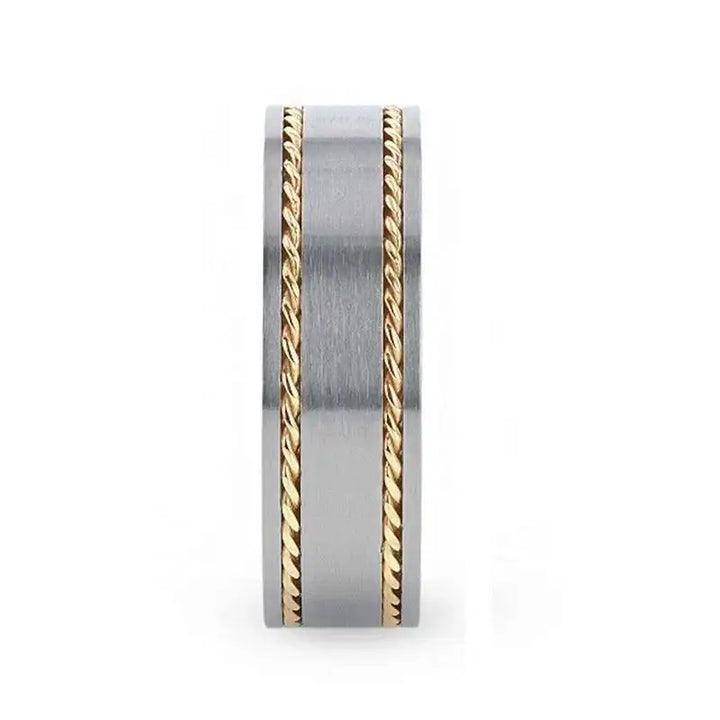 FERDINAND Titanium Brushed Finish Flat Men's Wedding Ring With 14K Yellow Gold Dual Braided Inlay - 8mm - Larson Jewelers