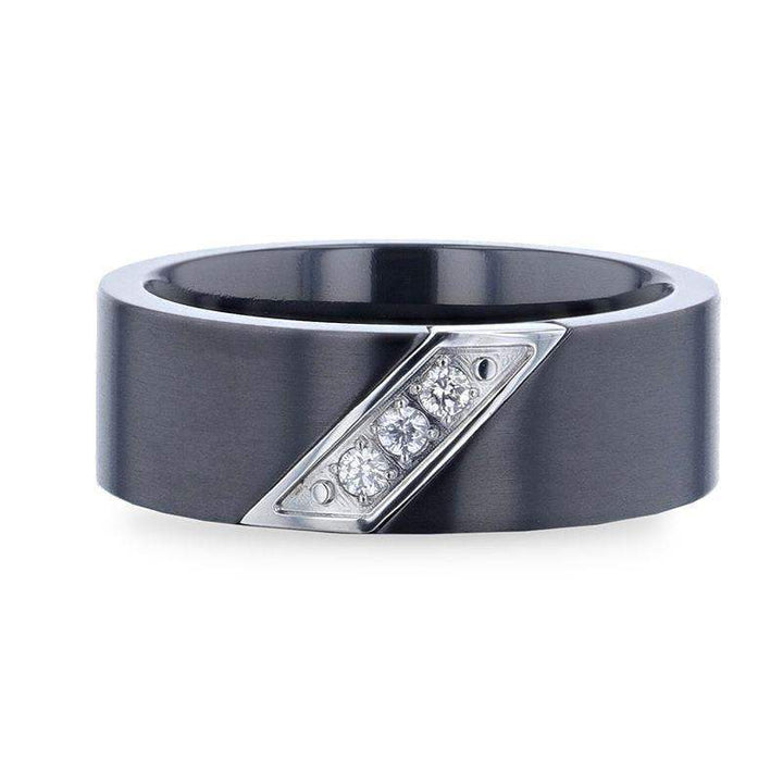 JAGUAR Flat Brushed Black Titanium Men's Wedding Band With Small Silver-Coated Diagonal Design And A Set of 3 Diamonds - 8mm - Larson Jewelers