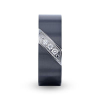 JAGUAR Flat Brushed Black Titanium Men's Wedding Band With Small Silver-Coated Diagonal Design And A Set of 3 Diamonds - 8mm - Larson Jewelers