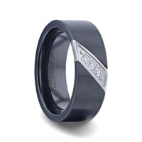 JAGUAR Flat Brushed Black Titanium Men's Wedding Band With Small Silver-Coated Diagonal Design And A Set of 3 Diamonds - 8mm - Larson Jewelers