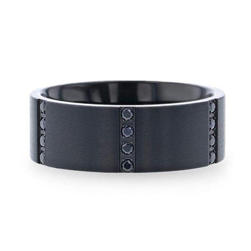 MYSTERIOUS Flat Brushed Black Titanium Men's Wedding Ring With 6 Sets of Quadruple Black Sapphires In Horizontal Channels - 8mm - Larson Jewelers