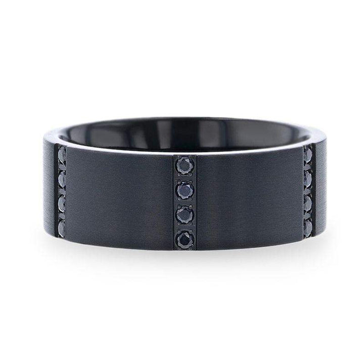 MYSTERIOUS Flat Brushed Black Titanium Men's Wedding Ring With 6 Sets of Quadruple Black Sapphires In Horizontal Channels - 8mm - Larson Jewelers