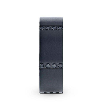 MYSTERIOUS Flat Brushed Black Titanium Men's Wedding Ring With 6 Sets of Quadruple Black Sapphires In Horizontal Channels - 8mm - Larson Jewelers