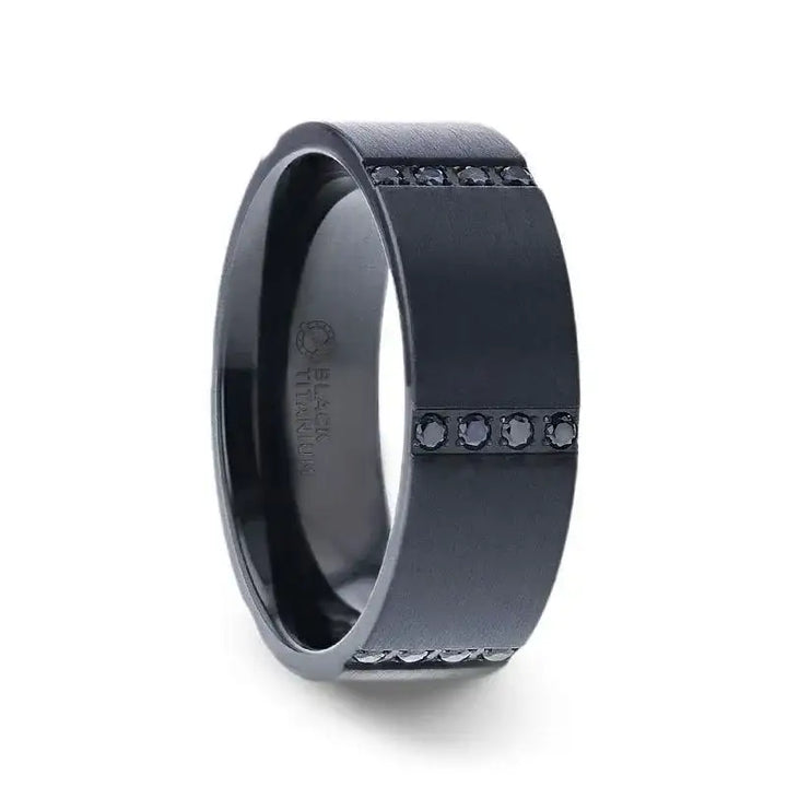 MYSTERIOUS Flat Brushed Black Titanium Men's Wedding Ring With 6 Sets of Quadruple Black Sapphires In Horizontal Channels - 8mm - Larson Jewelers