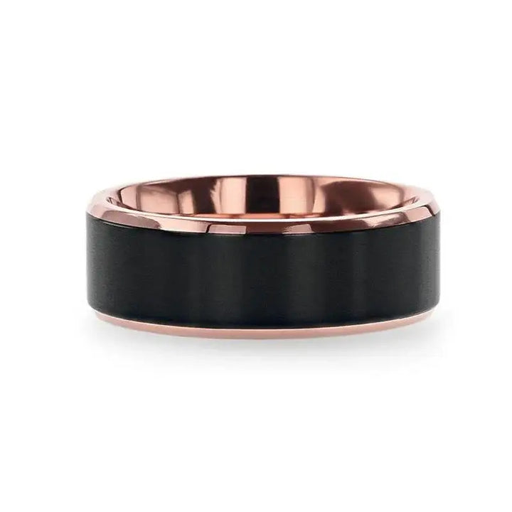 STEPHEN Rose Gold Plated Black Titanium Flat Brushed Center Men's Wedding Ring With Beveled Polished Edges - 6mm & 8mm - Larson Jewelers
