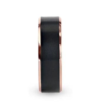 STEPHEN Rose Gold Plated Black Titanium Flat Brushed Center Men's Wedding Ring With Beveled Polished Edges - 6mm & 8mm - Larson Jewelers