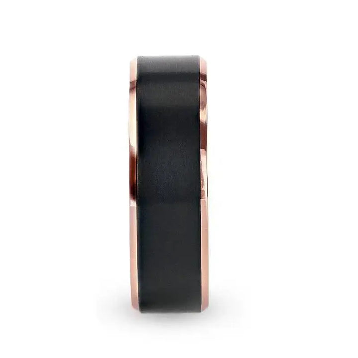 STEPHEN Rose Gold Plated Black Titanium Flat Brushed Center Men's Wedding Ring With Beveled Polished Edges - 6mm & 8mm - Larson Jewelers