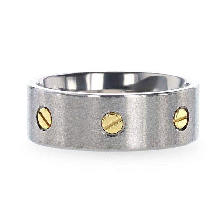 RESOLUTE Titanium Flat Brushed Finish Men's Wedding Ring With Rotating Screw Design - 8mm - Larson Jewelers