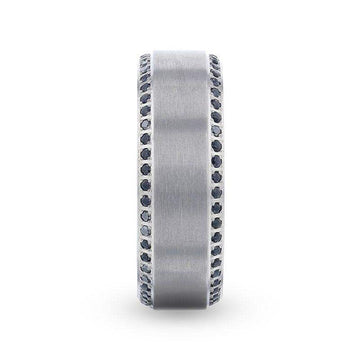 CHAMPION Flat Brushed Center Titanium Men's Wedding Band with Black Sapphire Polished Beveled Edges - 8mm - Larson Jewelers