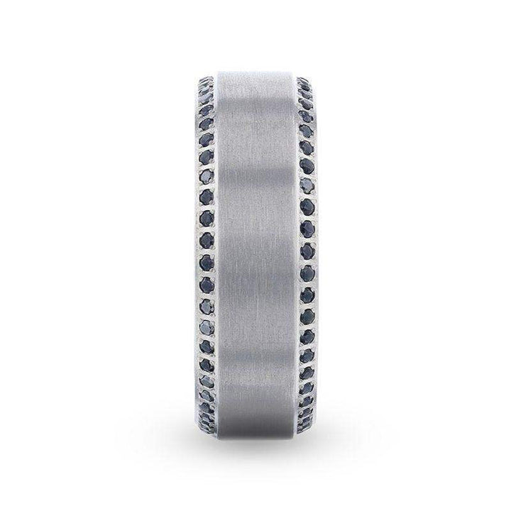 CHAMPION Flat Brushed Center Titanium Men's Wedding Band with Black Sapphire Polished Beveled Edges - 8mm - Larson Jewelers