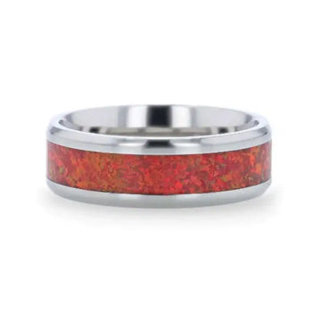 CASSIOPEIA Titanium Men 's Wedding Ring With Beveled Edges And Red Opal Inlay - 8mm - Larson Jewelers