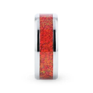 CASSIOPEIA Titanium Men 's Wedding Ring With Beveled Edges And Red Opal Inlay - 8mm - Larson Jewelers