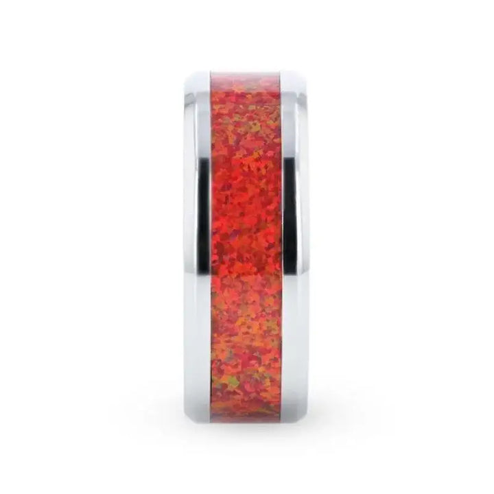 CASSIOPEIA Titanium Men 's Wedding Ring With Beveled Edges And Red Opal Inlay - 8mm - Larson Jewelers
