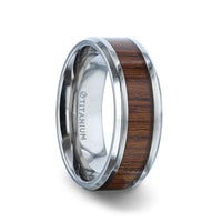 TECTON Teak Wood Inlaid Flat Polished Finish Titanium Men's Wedding Ring With Beveled Edges - 8mm - Larson Jewelers
