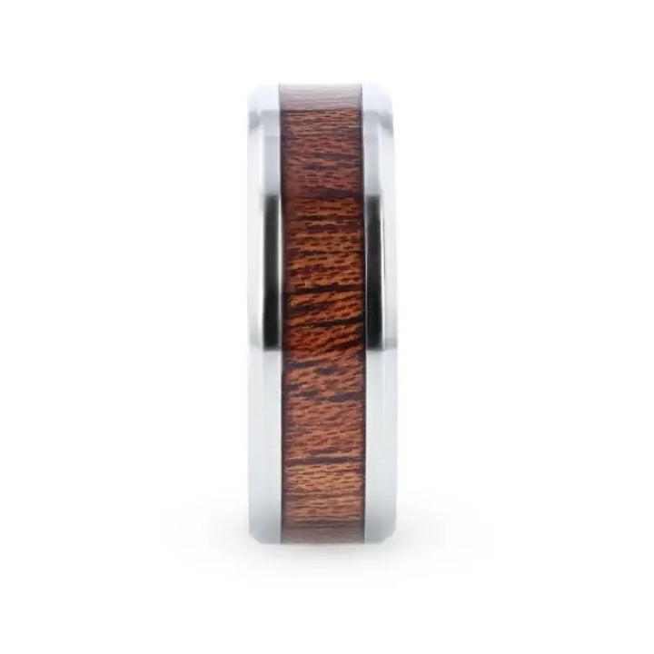 MELIA Mahogany Wood Inlaid Titanium Flat Polished Finish Men's Wedding Ring With Beveled Edges - 8mm - Larson Jewelers