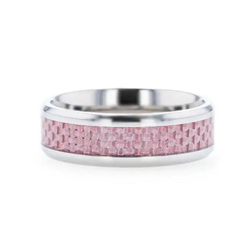 DOMINIQUE Pink Carbon Fiber Inlaid Titanium Flat Polished Finish Ring Band With Beveled Edges - 8mm - Larson Jewelers