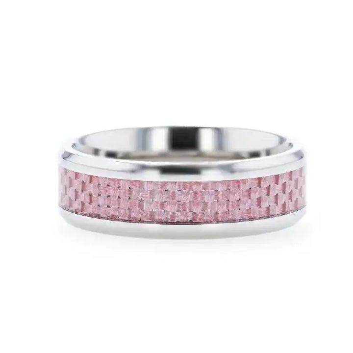 DOMINIQUE Pink Carbon Fiber Inlaid Titanium Flat Polished Finish Ring Band With Beveled Edges - 8mm - Larson Jewelers
