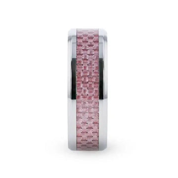 DOMINIQUE Pink Carbon Fiber Inlaid Titanium Flat Polished Finish Ring Band With Beveled Edges - 8mm - Larson Jewelers