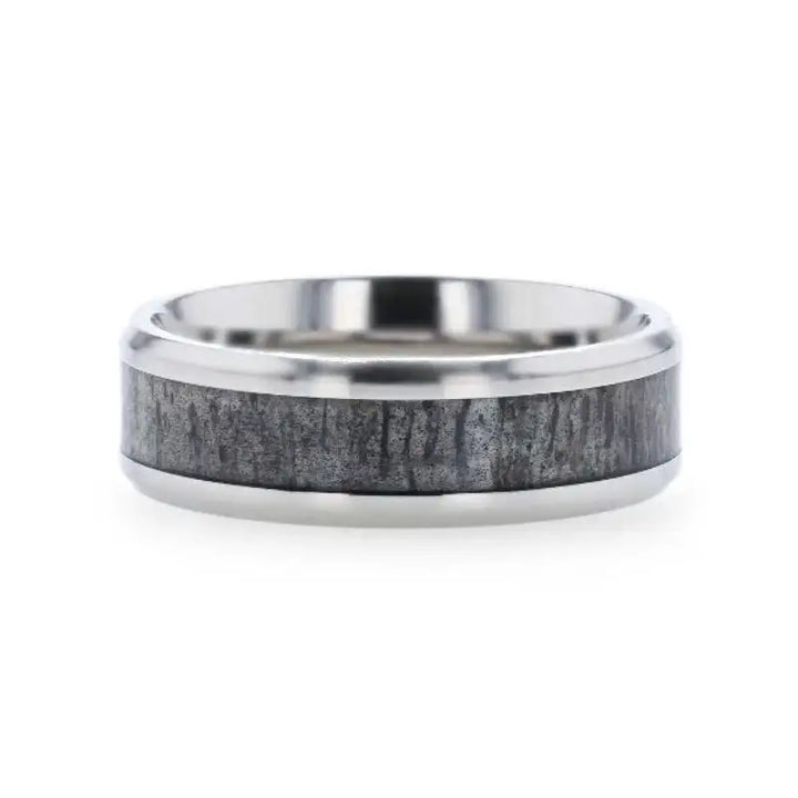 MELANISTIC Dark Deer Antler Inlaid Titanium Flat Polished Finish Men's Wedding Band With Beveled Edges - 8mm - Larson Jewelers