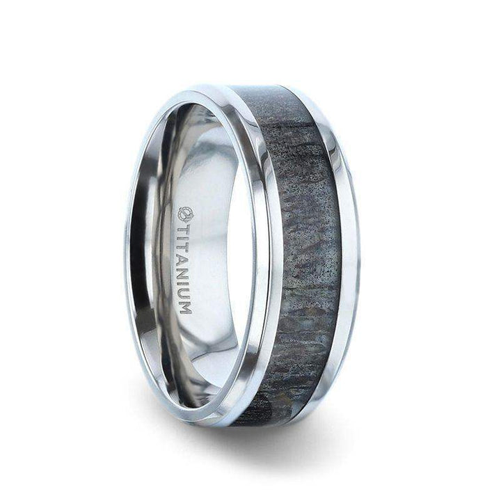 MELANISTIC Dark Deer Antler Inlaid Titanium Flat Polished Finish Men's Wedding Band With Beveled Edges - 8mm - Larson Jewelers