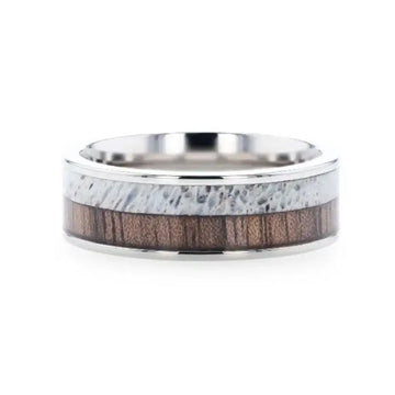DARBY Titanium Polished Finish Flat Men's Wedding Ring With Deer Antler And Black Walnut Wood Inlay - 8mm - Larson Jewelers