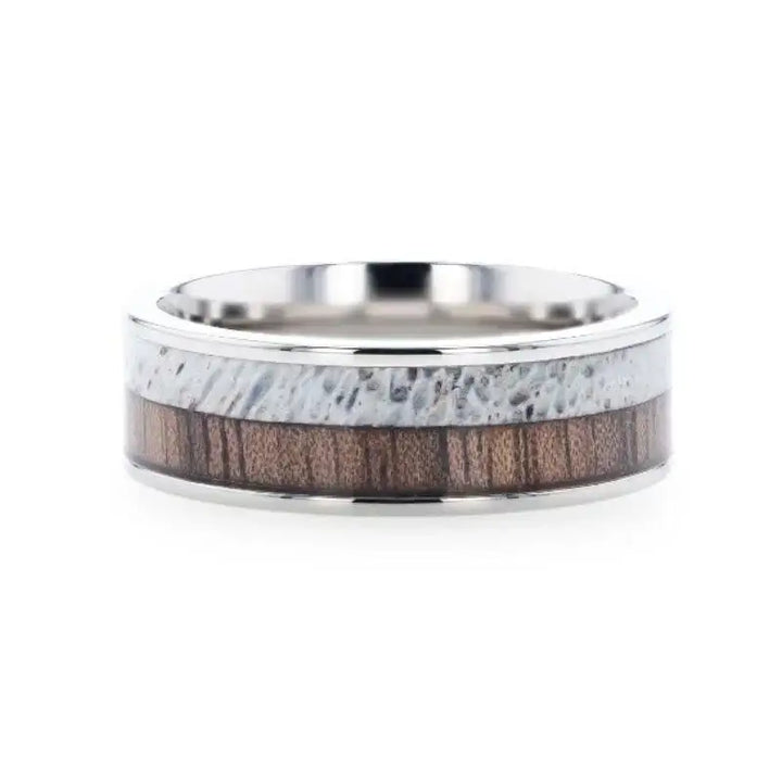 DARBY Titanium Polished Finish Flat Men's Wedding Ring With Deer Antler And Black Walnut Wood Inlay - 8mm - Larson Jewelers