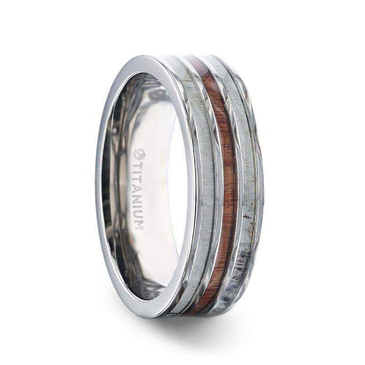 TRIPOLI Wood Inlaid Titanium Flat Polished Finish Men's Wedding Ring With White Double Deer Antler Edges - 8mm - Larson Jewelers