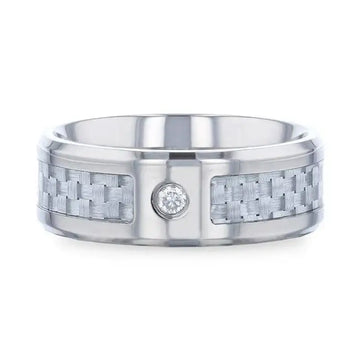 MAYBACH Light Gray Carbon Fiber Titanium Men's Wedding Band with White Diamond In The Squared Center Setting And Polished Beveled Edges - 8mm - Larson Jewelers