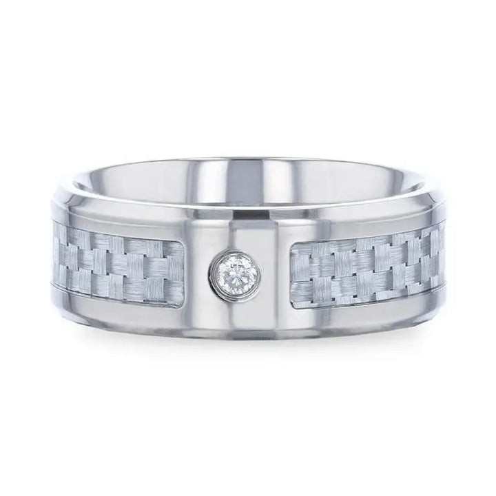 MAYBACH Light Gray Carbon Fiber Titanium Men's Wedding Band with White Diamond In The Squared Center Setting And Polished Beveled Edges - 8mm - Larson Jewelers