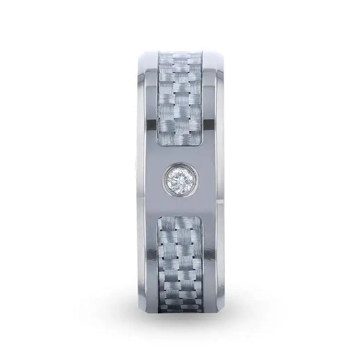 MAYBACH Light Gray Carbon Fiber Titanium Men's Wedding Band with White Diamond In The Squared Center Setting And Polished Beveled Edges - 8mm - Larson Jewelers