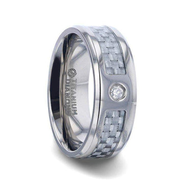 MAYBACH Light Gray Carbon Fiber Titanium Men's Wedding Band with White Diamond In The Squared Center Setting And Polished Beveled Edges - 8mm - Larson Jewelers