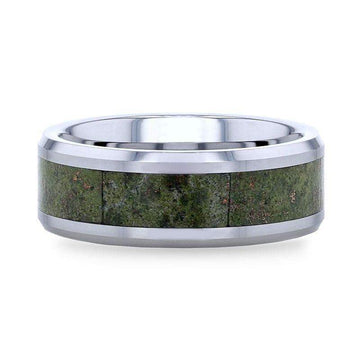 LIBERTY Tungsten Carbide ring with Beveled Edges and Green Copper Conglomerate Inlay - 8mm - Larson Jewelers