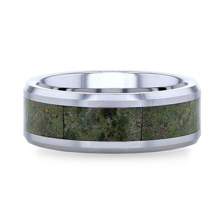 LIBERTY Tungsten Carbide ring with Beveled Edges and Green Copper Conglomerate Inlay - 8mm - Larson Jewelers